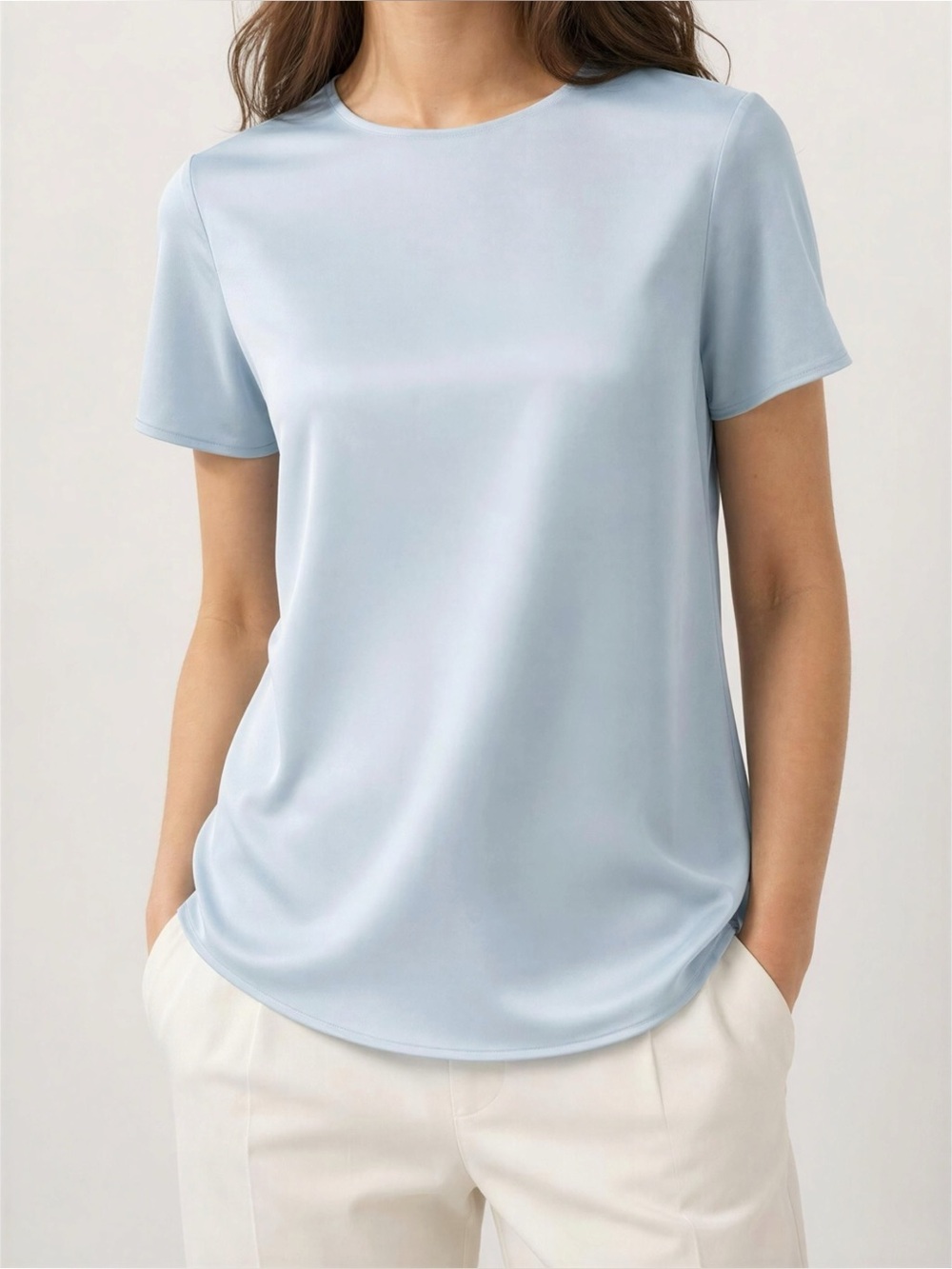 LILYSILK Basic Silk Tee, Light Blue, Large